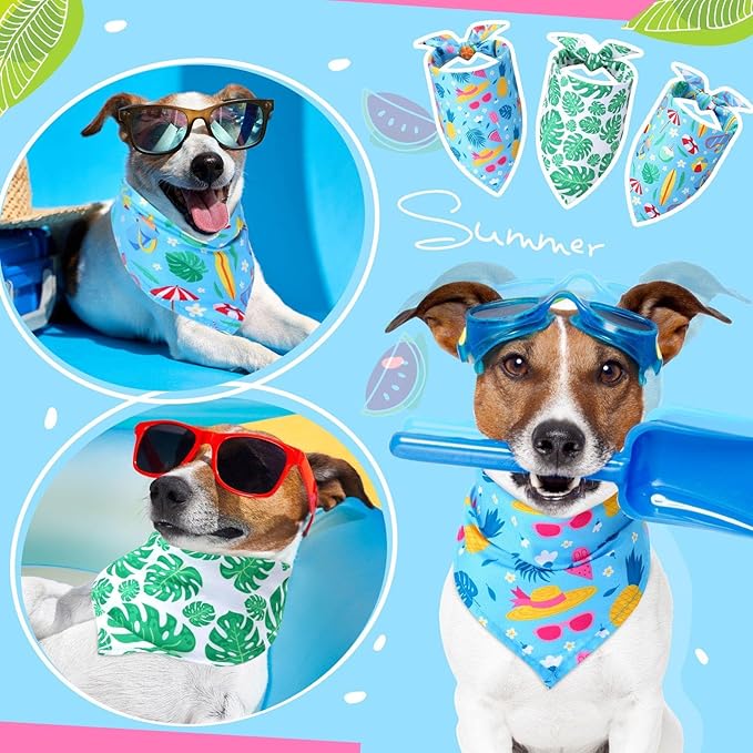 Sweetude 100 Pieces Hawaiian Dog Bandanas Bulk,Summer Bandanas for Dogs Fruit Flamingo Palm Leaves Pattern Pet Triangle Scarf Puppy Kerchief Bibs for Medium Small Pets Summer Costume Accessories