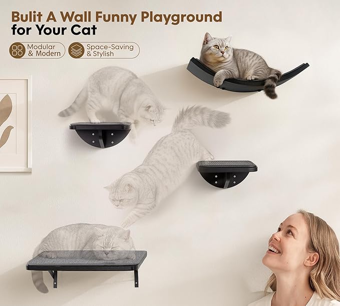 Cat Wall Shelves Set of 2, Black Solid Wood Cat Lounging Shelf with Grey Sisal Cushion, Wall-Mounted Space-Saving Climbing Shelf, Window Perch for Kittens & Cats, Black Furniture for Indoor
