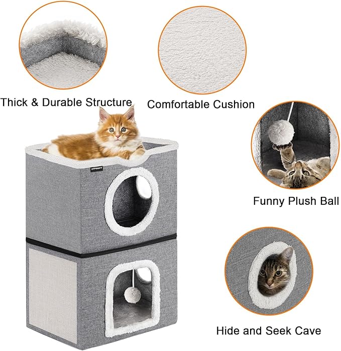 URPOWER 2 Story Cat Bed, Large Cat House for Indoor Cats Covered Cat Cave with Hideaway, Scratch Pad and Fluffy Ball, Foldable Cat Cube Condos Kitten Beds & Furniture for Multiple Small Pets
