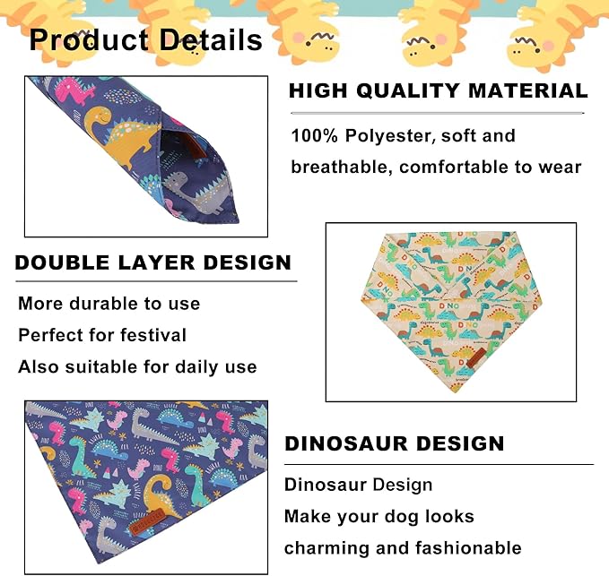 ADOGGYGO Dinosaur Dog Bandanas 2 Pack, Reversible Colorful Animal Pet Scarf, Premium Fabric, Adjustable Fit Yellow Blue Dinosaur Bandanas for Medium Large Dogs (Large)
