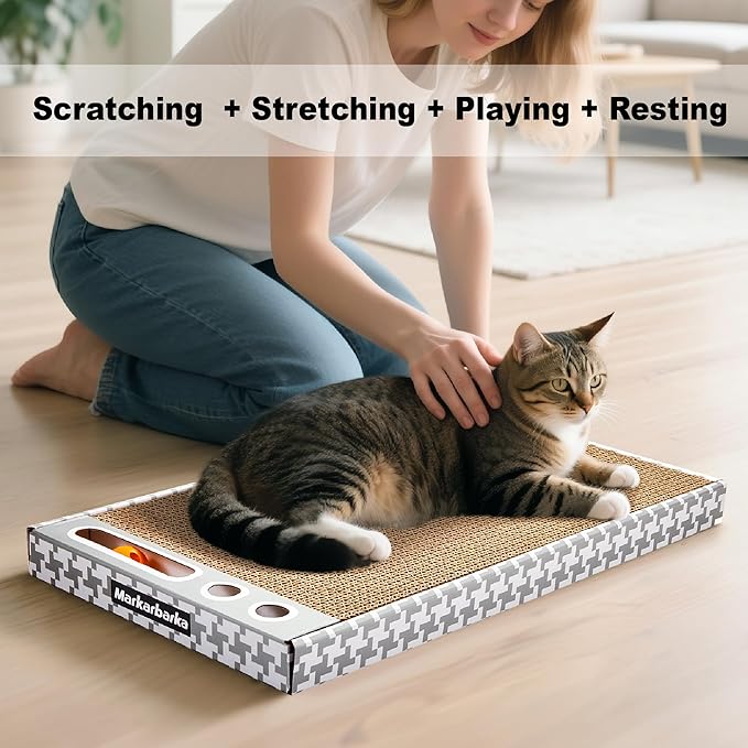 Cat Scratching Board 3 Pack – Reversible Cardboard Scratcher for Indoor Cats, Wide Boxed Scratch Pads with Bell Ball, Durable Corrugated scratchers as Furniture Protector