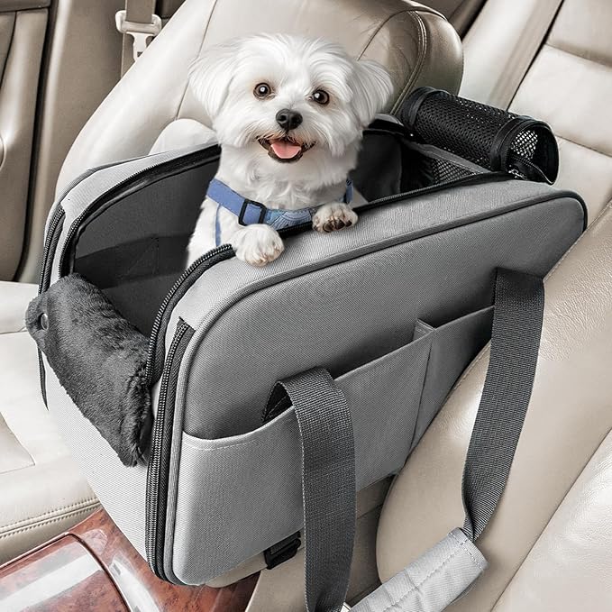 PETSFIT Multipurpose Console Dog Car Seat, Portable Small Dog Car Seat for Dogs, Cat Carrier, Pet Carrier Airline Approved with Safety Tether and Pockets (Light Grey)