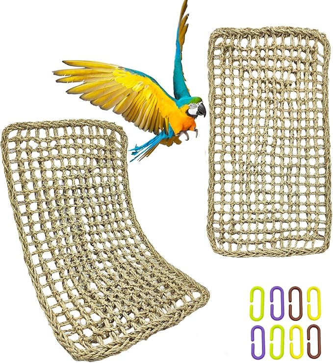 Large Bird Seagrass Mat 24 × 14 ''Natural Seagrass Woven Bird Net Hammock Climbing Rope Ladder with Hooks Chew Toy for Parrot Guinea Pig Lovebird Cockatiel Pigeon