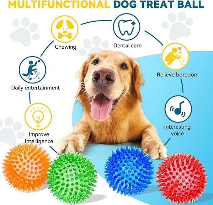 SHARLOVY 3'' Squeaky Balls for Small Dogs, 4 Colors Spiky Dog Balls for Puppy Teething, Durable Puppy Chew Toys for Teething, Indestructible Toys to Fetch and Train, BPA Free Non-Toxic