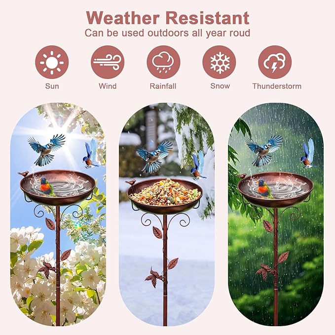 Metal Bird Bath for Outside with 2 Bird Decor, Hummingbird on Pole & Sparrow on Bowl, 38.5 Inch Height Garden Birdbath, 12 Inch Antique Bronze Freestanding Birdfeeder Bath for Yard Patio