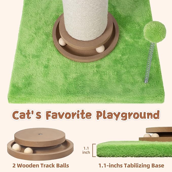 Fantasreen Scratching Post 25 Inch Tall Cat Scratcher for Indoor, Interactive Ball, Small Cat Tree with Bed for Kittens and Large Cats, Green