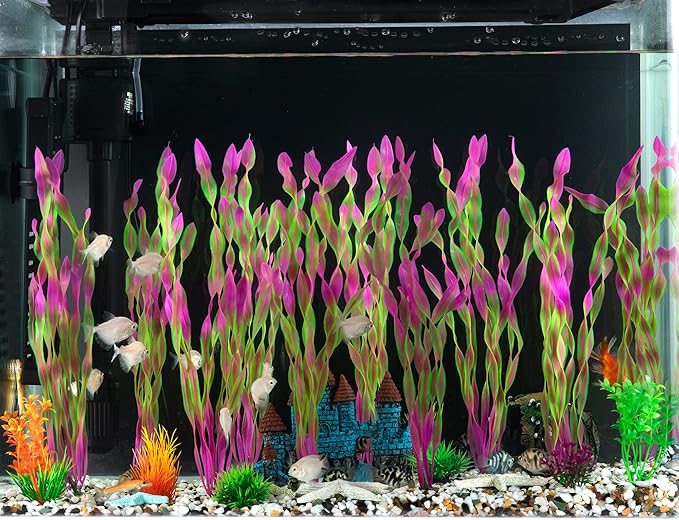 MyLifeUNIT Artificial Seaweed Water Plants for Aquarium, Plastic Fish Tank Plant Decorations 10 PCS (12 Inches Tall, Wine Red)