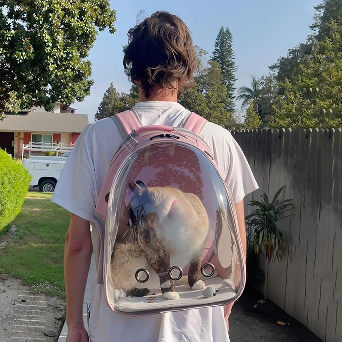 Cat Backpack Carrier, Back Expandable Pet Backpack with Bubble Window, Airline Approved Pet Travel Bag for Small/Medium Cats & Puppies, Hiking, Camping, Outdoor Use (Pink)