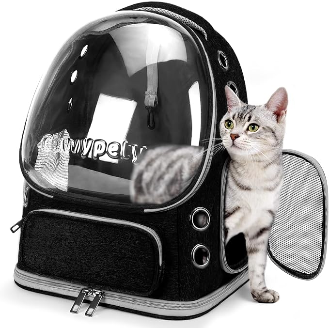 Cat Backpack Carrier, Breathable Cat Carrier Large Space Bubble Pet Backpack for Kitty Small Dog up to 12lbs, Transparent & Foldable Pet Carrier for Travel Hiking (Black