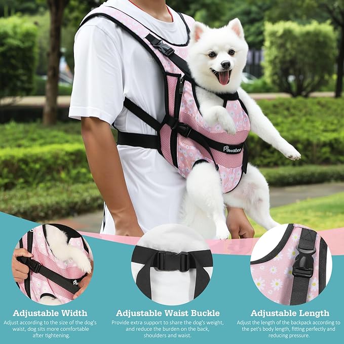 Pawaboo Pet Dog Front Carrier Backpacks, Legs Out Pet Carrier Backpack, Adjustable Easy-fit Dog Chest Carriers for Small Medium Dogs Hands Free for Travel Hiking Cycling Camping, M, Pink Daisy