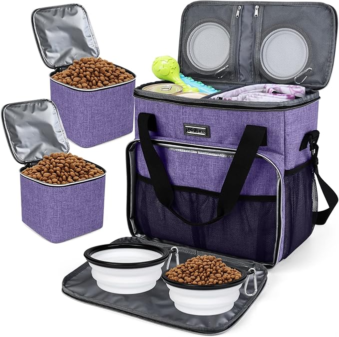 BAGLHER Dog Travel Bag, Pet Travel Bag (ALL Pet Travel Supplies), With 2 Pet Food Containers and 2 Collapsible Silicone Bowls; Essential Kits for Pet Travel Purple
