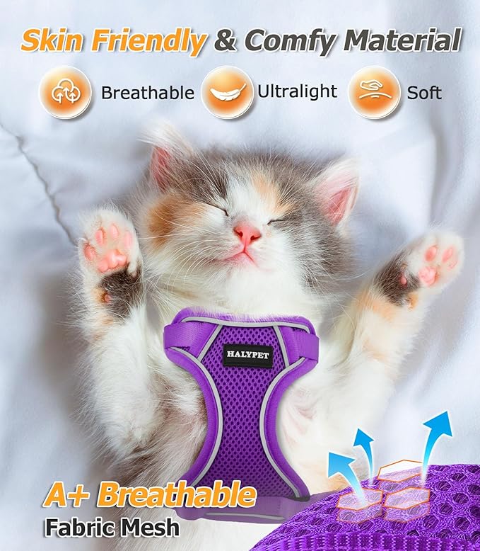 Halypet Cat Harness and Leash Set [MAX Safety 4th-Gen Upgrade] Escape Proof Adjustable Cat Leash Comfortable Soft Vest Easy to Wear Kitten Harness with Reflective Strip for Cats Walking, XS Purple