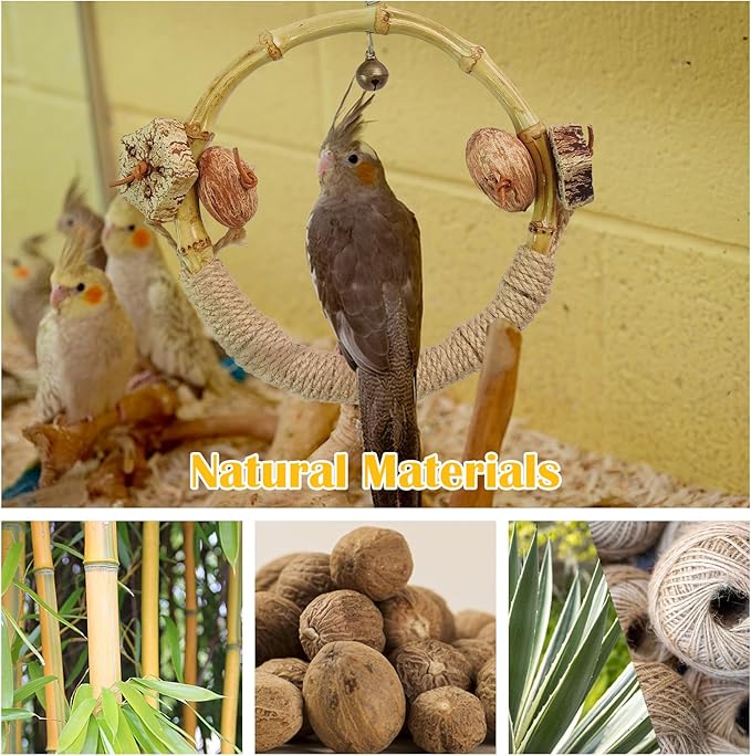 Circle Bird Swing with Bell,Bamboo Parakeet Rope Perches for Cage Ring Bird Swings Chewings Nuts Toys for Parrots Cockatiels Lovebirds Budgie