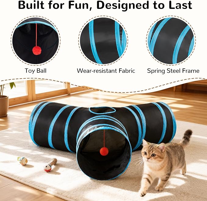 Tempcore Pet Cat Tunnel Tube Cat Toys 3 Way Collapsible, Tunnels for Indoor Cats，Kitty Bored Peek Hole Toy Ball Cat, Puppy, Kitty, Kitten, Rabbit