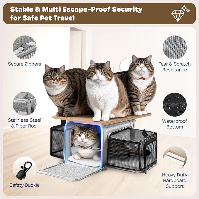 Top and 2 Sides Expandable Cat Carrier 17x11x11, TSA Airline Approved Dog Carriers for Medium Dogs, Soft-Sided Pet Carrier with Self-Locking Zippers for Kitten,Rabbit, Puppy, Guinea Pig Grey