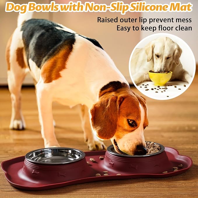 Hubulk Pet Dog Bowls 2 Stainless Steel Dog Bowl with No Spill Non-Skid Silicone Mat + Pet Food Scoop Water and Food Feeder Bowls for Feeding Small Medium Large Dogs Cats Puppies (X- Large, Burgundy)