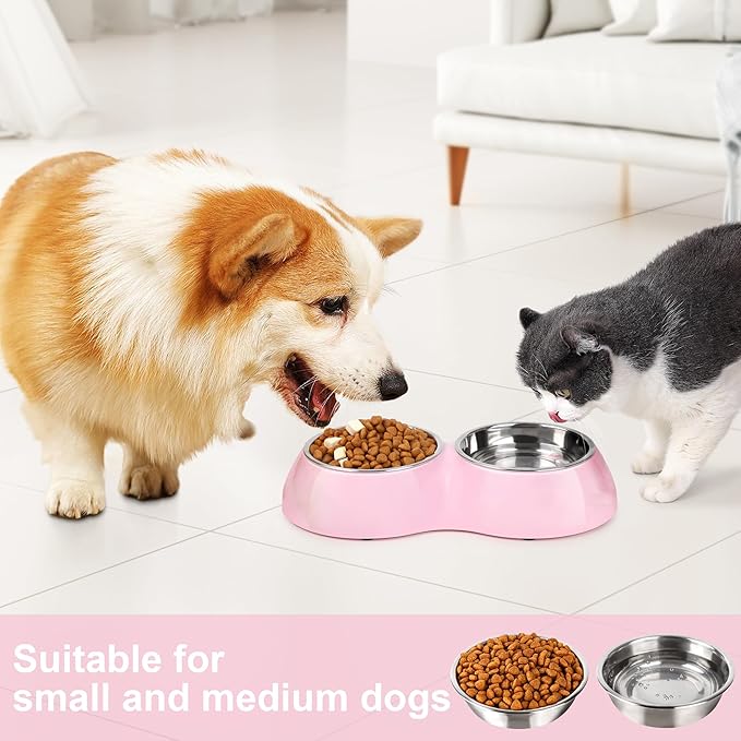 Stainless Steel Dog Bowls Set – Dual Non-Slip Pet Dishes with 2 Small (4oz*2) Bowls & Durable Resin Stand,Food & Water Feeder for Kittens– Pink