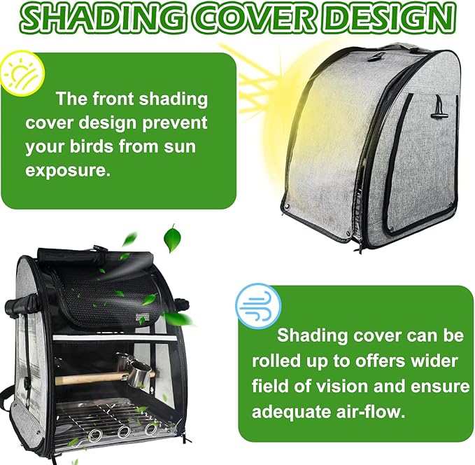 Bird Carrier Bag, Bird Travel Cage with Standing Perch and Indestructible Stainless Steel Mesh, Protable Transparent Breathable Carrier with Feeder Cups for Small Birds Parrot Parakeet, Grey