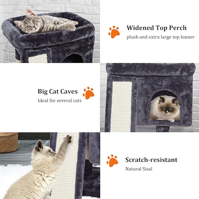 SYANDLVY Small Cat Tree for Indoor Cats Large Adult, Activity Tower with Scratching Post, Modern House with Padded Perch, Kittens Condo with Board, Cat Cave (Smoky Grey)