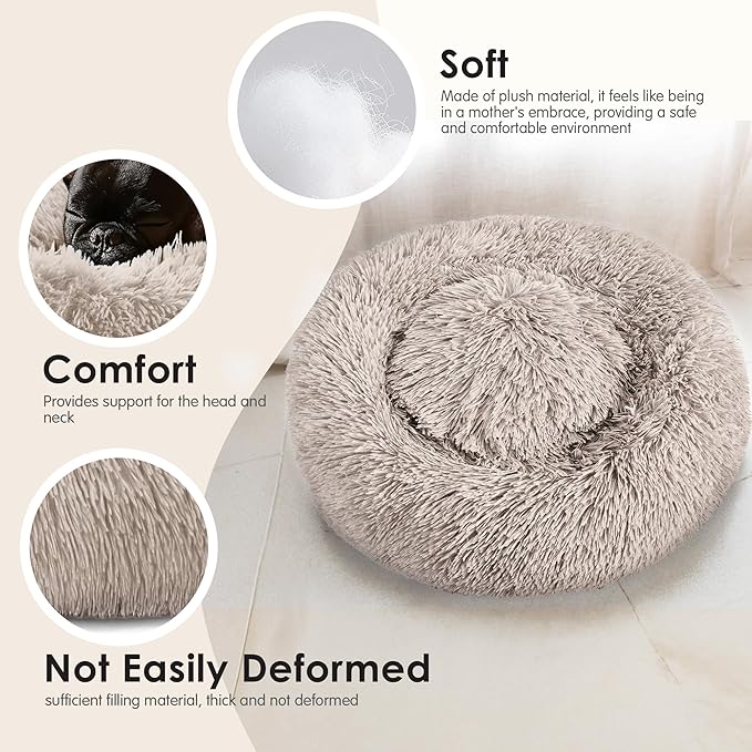 Dogs Bed for Small Dogs, Anti-Anxiety Washable Round Bed (Brown, 24.0" L x 24.0" W x 8.0" Th)