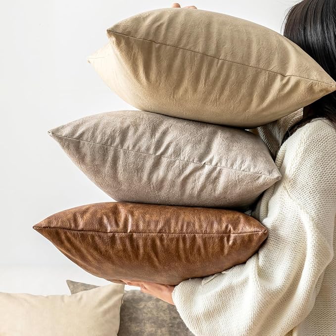 Pack of 2 Oversized Leather Pillow Cover Neutral Decorative, Beige Modern Boho Abrasion Floor Cushion Covers, for Home Decor Outdoor Waterproof Pet Hair Resistant Throw Pillow Covers 28x28 inch