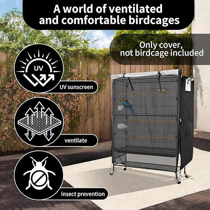 Bird Cage Covers for Night,38”L×23”W×51”H,420D Fabric Washable Waterproof Large Dust Pet Birdcage Breathable Warm Protection Cover,Distraction and Light Eliminator for Winter,Cats,Mink(with Mesh)