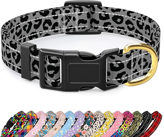 Reflective Dog Collar for Medium Dogs, Cute Leopard Style Adjustable Heavy-Duty Nylon Puppy Collar for Boy and Girl Female, Soft Pet Accessories with Quick Release Buckle, Gray