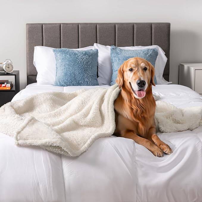 PetAmi Fluffy Soft Dog & Cat Blanket, Sherpa Fleece, Calming Pet Blanket Throw for Bed & Sofa, X-Large 60x80 Beige