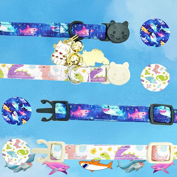Elegant little tail 2 Pack Cat Collar-Dinosaur & Shark Cotton Breakaway Cat Collars with Bell Pendant Kitten Boy Cats Safety Adjustable Collar for Small Cats Puppy
