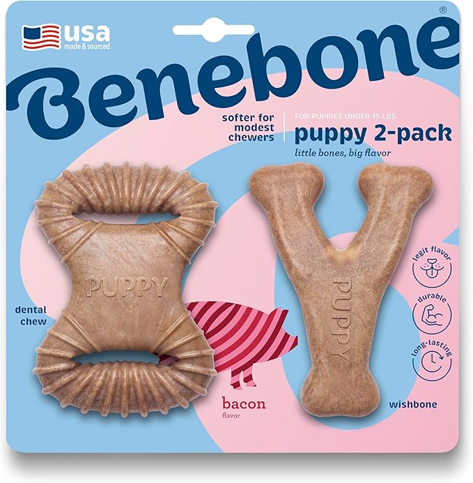 Benebone Puppy 2-Pack Dental Chew/Wishbone Dog Chew Toys, Made in USA, Real Bacon Flavor