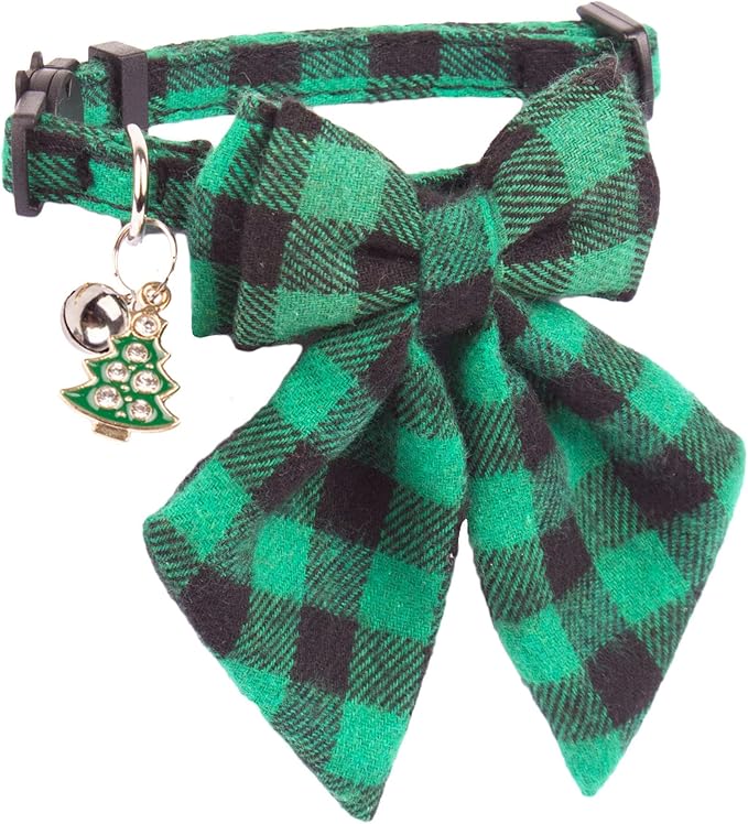 ADOGGYGO Christmas Cat Collars Breakaway with Bowtie, 2 Pack Red Green Plaid Xmas Kitten Collar with Removable Bow Bell Christmas Collar for Cats Kittens