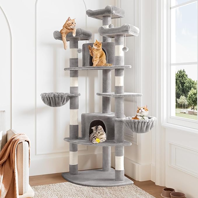 Allewie 73in Fan-Shaped Space-Saving Corner Cat Tower/Multi-Level Tall Cat Tree for Indoor Kitties/Cozy Baskets/Condos/House/Perches/Sisal Scratching Posts/Pet Activity Center/Grey