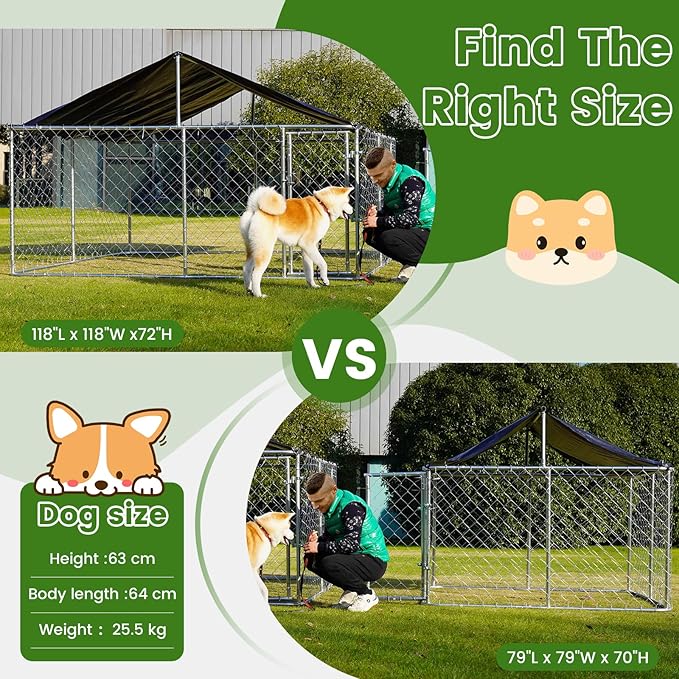 Petonly Outdoor Dog Enclosure Heavy Duty Dog Kennel House Mesh Dog Big Cage Pet Kennel Steel Fence with Secure Lock(118”x 118”)