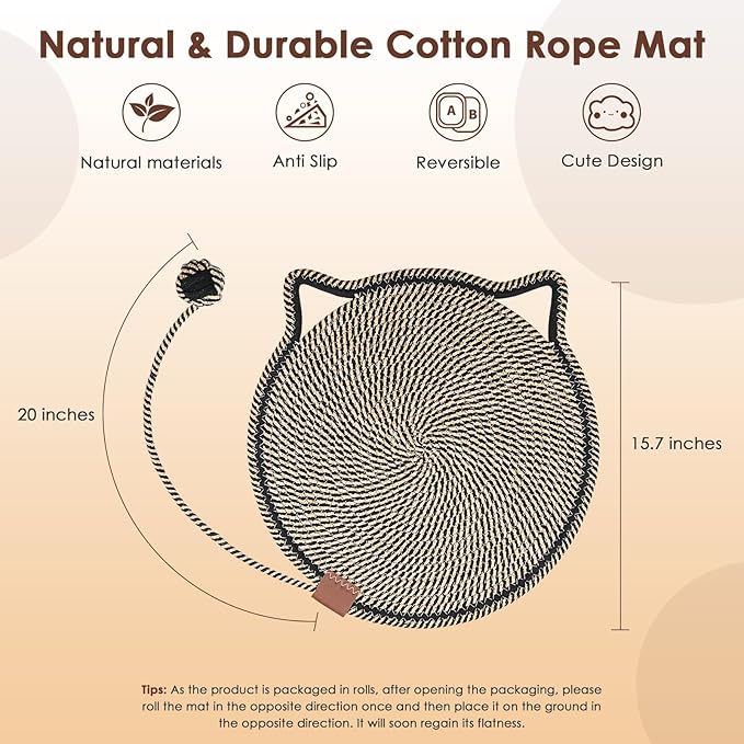 Cat Scratcher Mat, Natural Cotton Rope Cat Scratch Pad, 15.7'' Round Horizontal Floor Cat Scratching Pads for Indoor Cats, Cat Furniture Protector for Wall, Couch, Carpets, Sofas