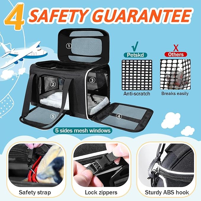Petskd Top-Expandable Pet Carrier 17x12x8.5 Inches JetBlue Allegiant Spirit Airline Approved, Soft-Sided Carrier for Small Cats and Dogs with Locking Safety Zippers and Anti-Scratch Mesh(Black)