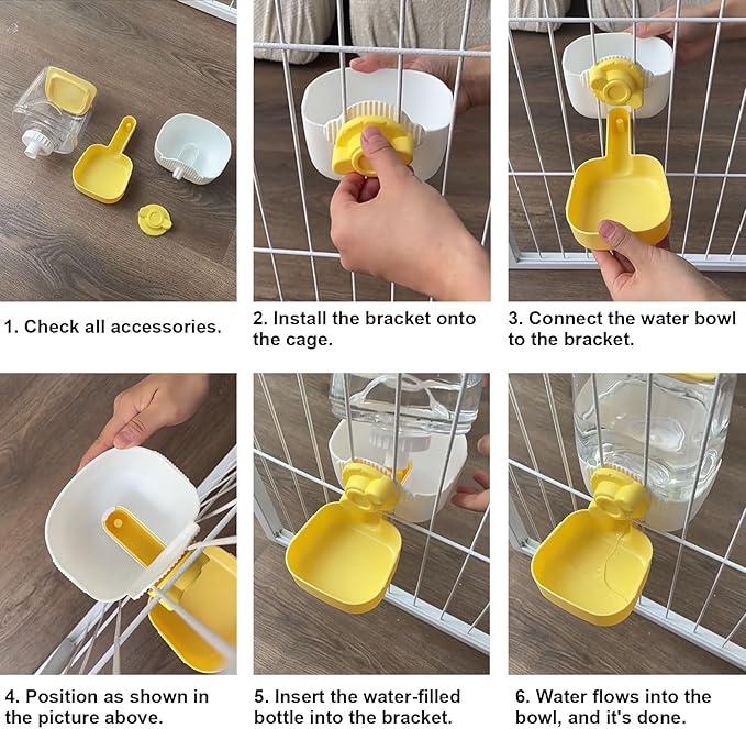 35oz Rabbit Water Bottle, Pet Hanging Automatic Water Dispenser for Small Animal Ferret Guinea Pig Chinchilla Dog Cat (Cage Grid Spacing 1.1''-2.1'') (Yellow)