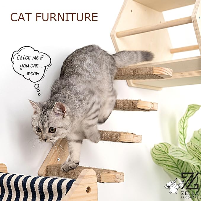 3-Piece Cat Wall Furniture Set - Hammock, Hexagon House, Climbing Steps - Wall Mounted Shelves, Perches, and Beds - Modern Design for Large Cats and Kittens & Spare Hammock Fabric Included