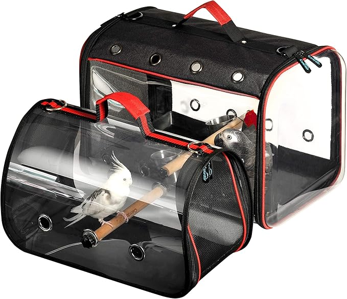 Colorday Lightweight Bird Carrier for Travelers, Bird Travel Cage with Parrot Feeder Cups & Standing Perch and Tracy (Large 19 x 12 x 13 inch, Black)