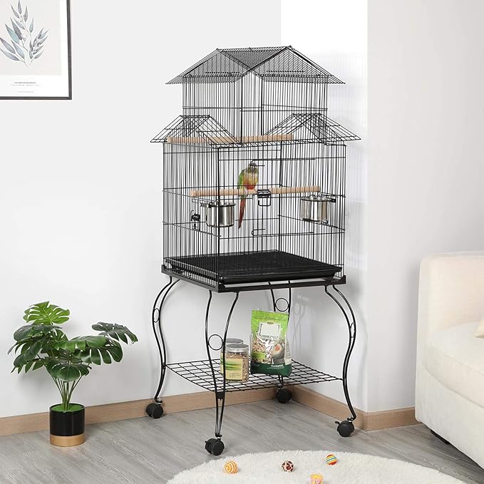 Yaheetech Budgie Cage 55-inch Rolling Standing Triple Roof Medium Parrot Cage Pet Bird Cage with Detachable Stand for Cockatiels Sun Parakeets Green-cheeked Conures Macaw