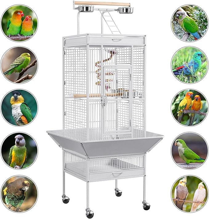 Yaheetech Wrought Iron Bird Cages, Play Top Large Aviary with Stand for Cockatiel Parrot Sun Parakeet Conures Lovebird Budgie Finch African Grey White, 61-inch