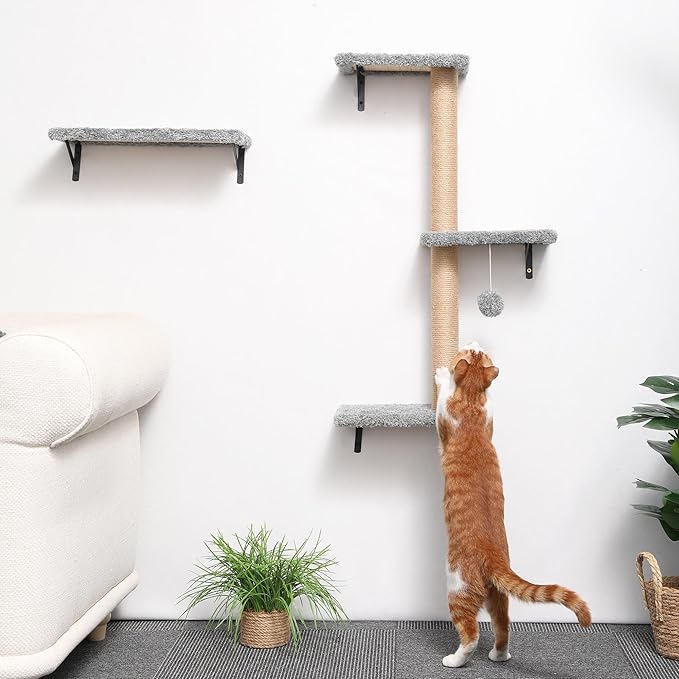 FUKUMARU Cat Wall Shelves, Stable & Safe 4 in 1 Cat Furniture Set, Wooden Climbing Wall with Scratching Post for 16 Inch Drywall - Light Gray