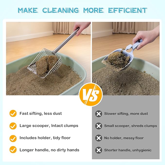Metal Cat Litter Scoop with Holder Stainless Steel Kitten Poop Scooper, 17.5" Heavy Duty Pet Poop Sifter for Cat Box, Long Handle Large Waste Shovel, Fast Sifting Big Clumps, Solid & Durable
