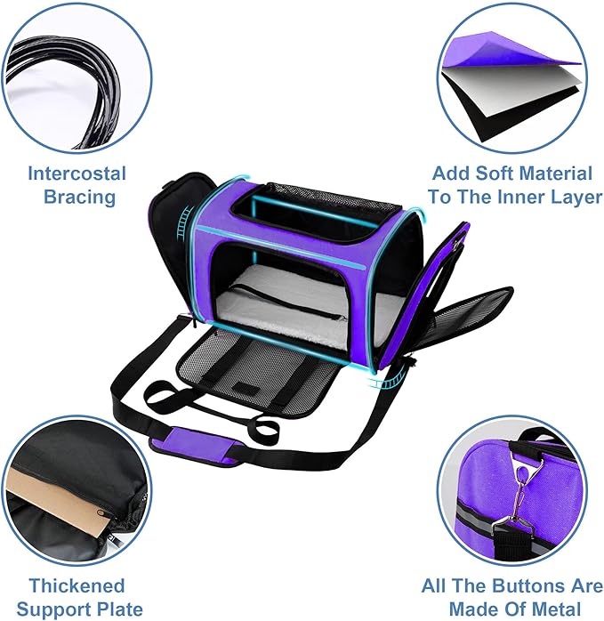 Soundy Large Cat Carrier Dog Carrier Under 25 Lbs,Collapsible Ventilated Portable Pet Bag with Soft Sided Breathable Mesh for Long Car Trips Maxi Load 2 Kittens or Small, Medium Dog (Large Purple)
