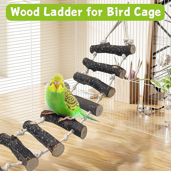 BNOSDM Birds Rope Ladder Toy 2Pcs Wooden Bird Hanging Ladders Pet Climbing Ladder Swing Parakeet Cage Accessories Suit for Budgie, Lovebird, Conure, Cockatoo, Finch