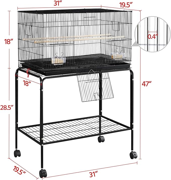 Yaheetech 47-inch Rolling Breeding Flight Bird Cages for Parakeets Budgies Finches Cockatiels Conures Lovebirds Canaries Parrots w/Detachable Stand, Black