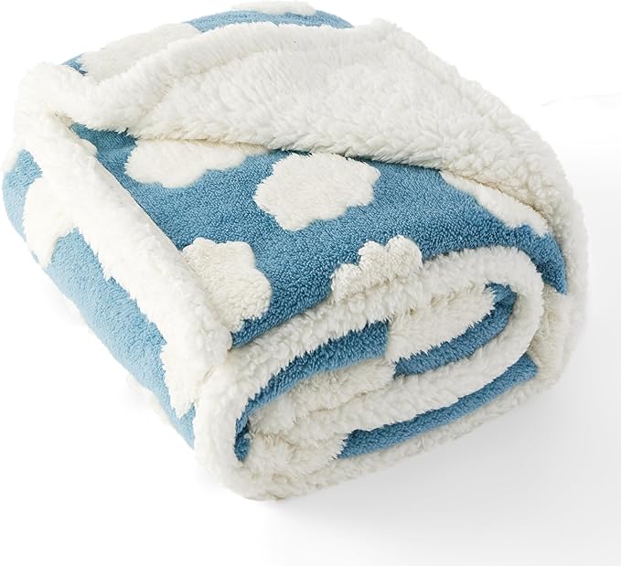 LE SURE Waterproof Dog Blanket for Large Dogs - Washable Double Sided Dog Blankets with Warm Jacquard Shag and Soft Sherpa Fleece, Pet Cat Blanket for Couch Protection, 3D Textured Cloud, Blue