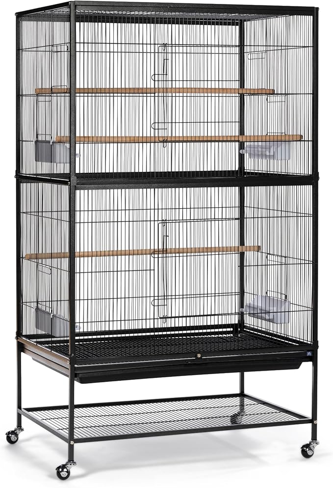 Prevue Pet Products Steel Bird Flight Cage with Wheels - Large Birdcage for Parakeets, Canaries, Finches, Cockatiels, Lovebirds, & Green Cheek, Metal Standing Birdcage - Black, Large