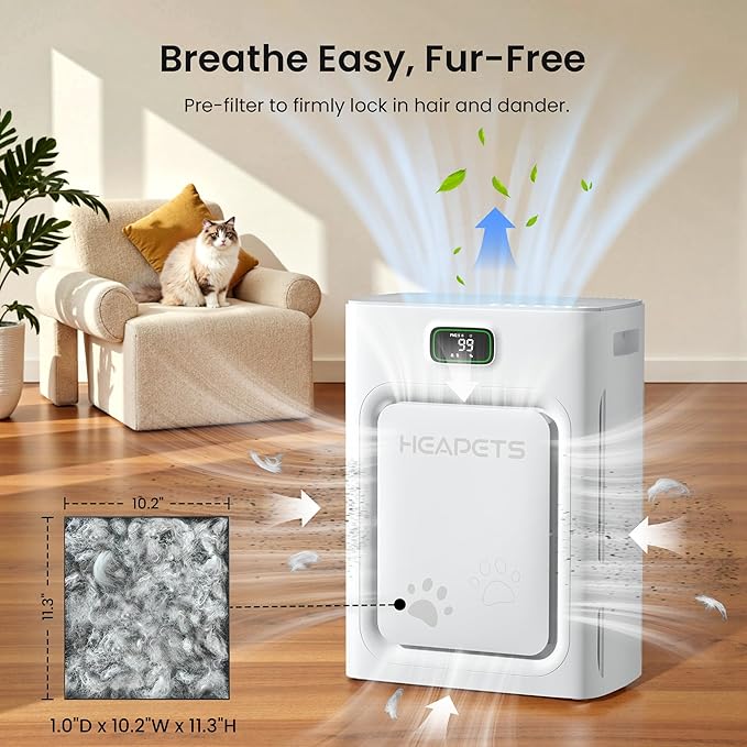Pet Air Purifier for Home Large Room 2500 sq ft, H13 HEPA Washable Double-Sided Filter,Air Cleaner for Pet Hair Dander Odor Allergies Pollutant Smoke Dust,PM2.5 Air Quality Monitor,Auto Mode,P358 Grey