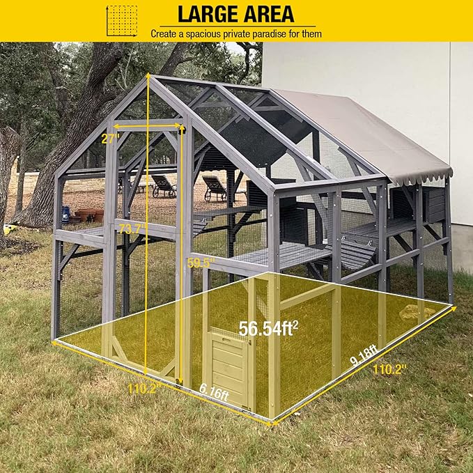 Aivituvin Cat House Outdoor Catio Kitty Enclosure with Super Large Enter Door,Wooden Cat Cage Condo Indoor Playpen with Platforms,Small House 110" L