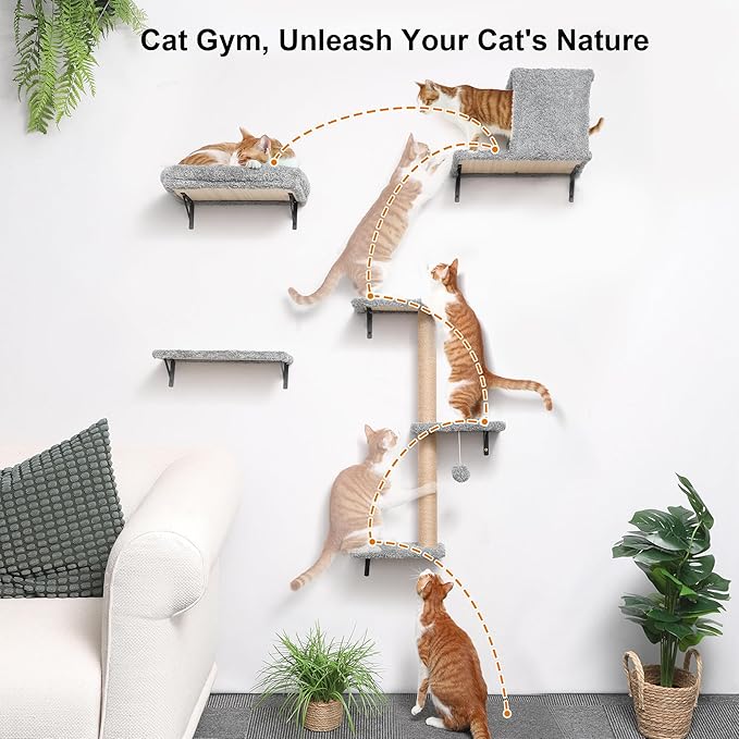 FUKUMARU Cat Wall Shelves, Stable & Safe 4 in 1 Cat Furniture Set, Wooden Climbing Wall with Scratching Post for 16 Inch Drywall - Light Gray